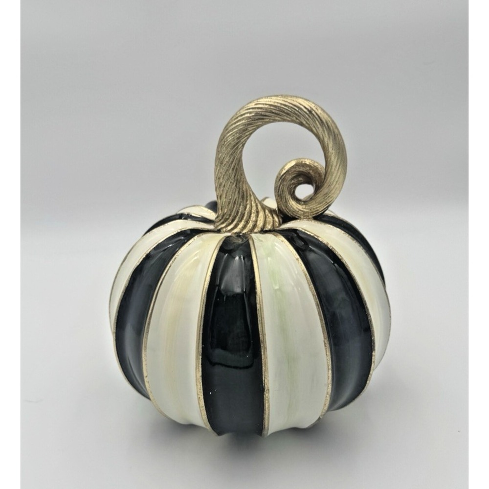 NEW MacKenzie-Childs Elegant Stripe Large Pumpkin Black White Gold 8" NIB